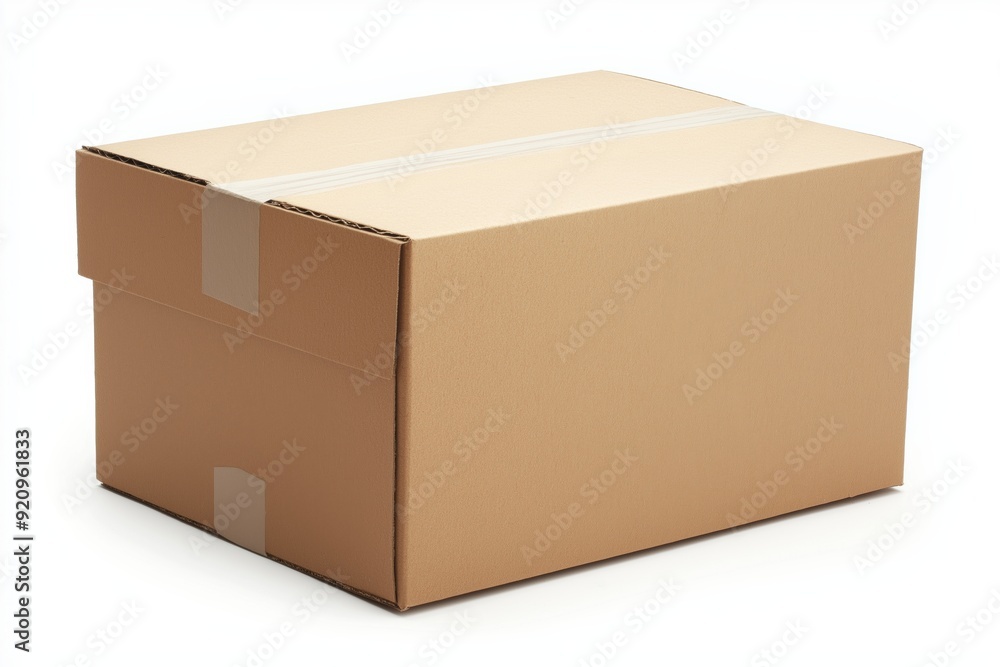 A cardboard box with a white background. The box is empty and has a white tape on the top A cardboard box with a white background. The box is empty and has a white tape on the top