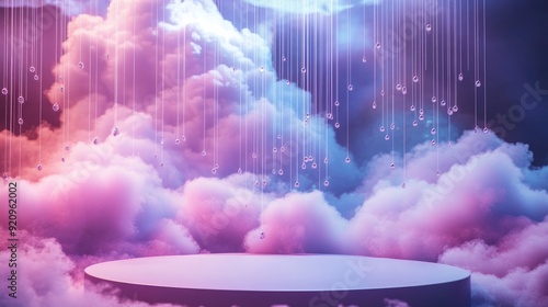 Futuristic cloud background featuring 3D jewelry rain drops and a sleek platform, perfect for highlighting luxury products