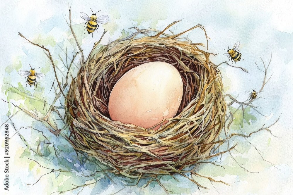 A serene watercolor illustration of a nest with a single egg, surrounded by buzzing bees, symbolizing nature and new beginnings. A serene watercolor illustration of a nest with a single egg, surrounded by buzzing bees, symbolizing nature and new beginnings.