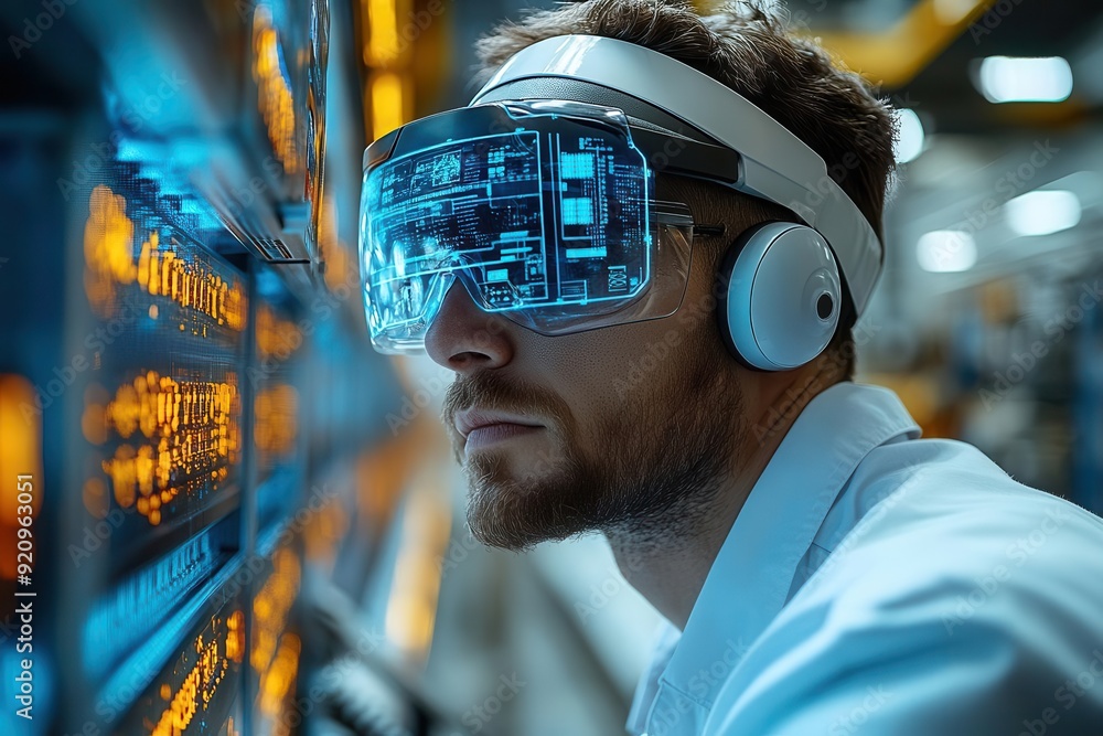 hightech factory interior engineer using ar glasses to monitor robotic assembly line holographic data displays iot sensors on machinery sleek futuristic design with blue accents hightech factory interior engineer using ar glasses to monitor robotic assembly line holographic data displays iot sensors on machinery sleek futuristic design with blue accents