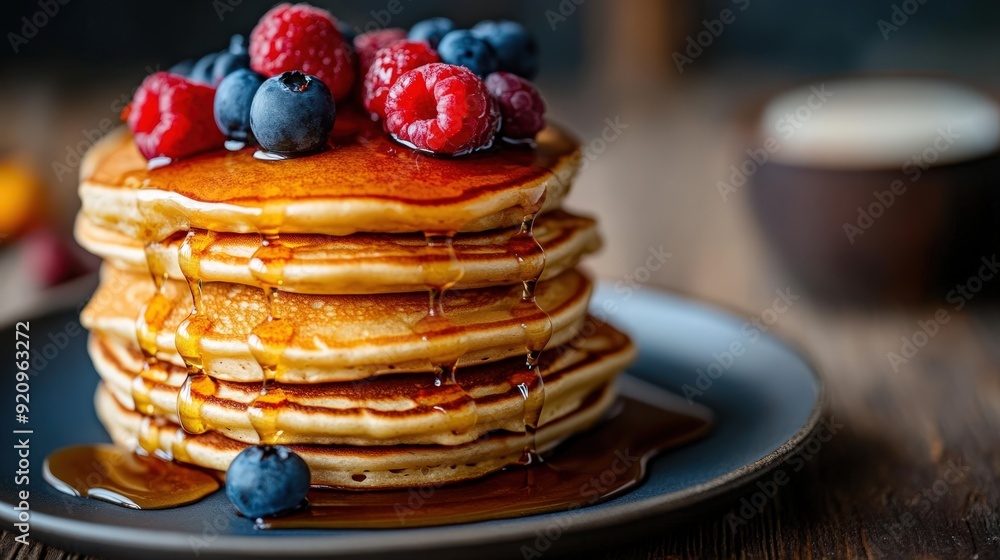 Stack of Delicious Pancakes with Berries and Syrup Stack of Delicious Pancakes with Berries and Syrup