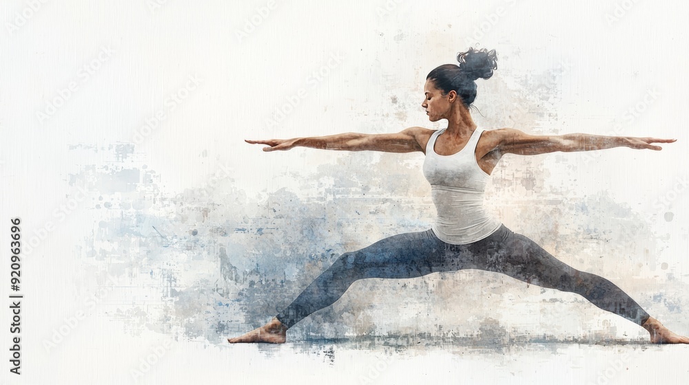 A woman in a white tank top and black pants performs a yoga pose, with a watercolor-like background. A woman in a white tank top and black pants performs a yoga pose, with a watercolor-like background.