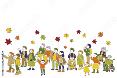 横並びの多世代の人々と紅葉のゆるいイラスト（セット）
