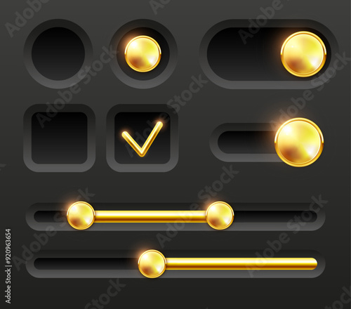 User interface design elements. Toggle button, Radio button and Checkbox. Vector set isolated on white background.