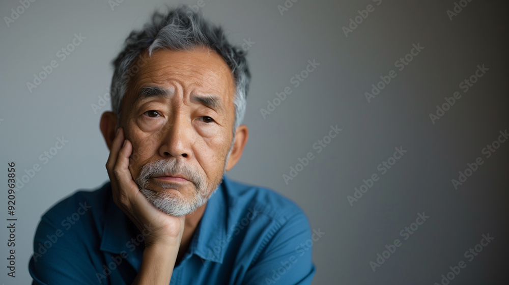 An older Asian man with a have a toothache, holding his cheek, wearing a blue shirt, and appearing weary. An older Asian man with a have a toothache, holding his cheek, wearing a blue shirt, and appearing weary.