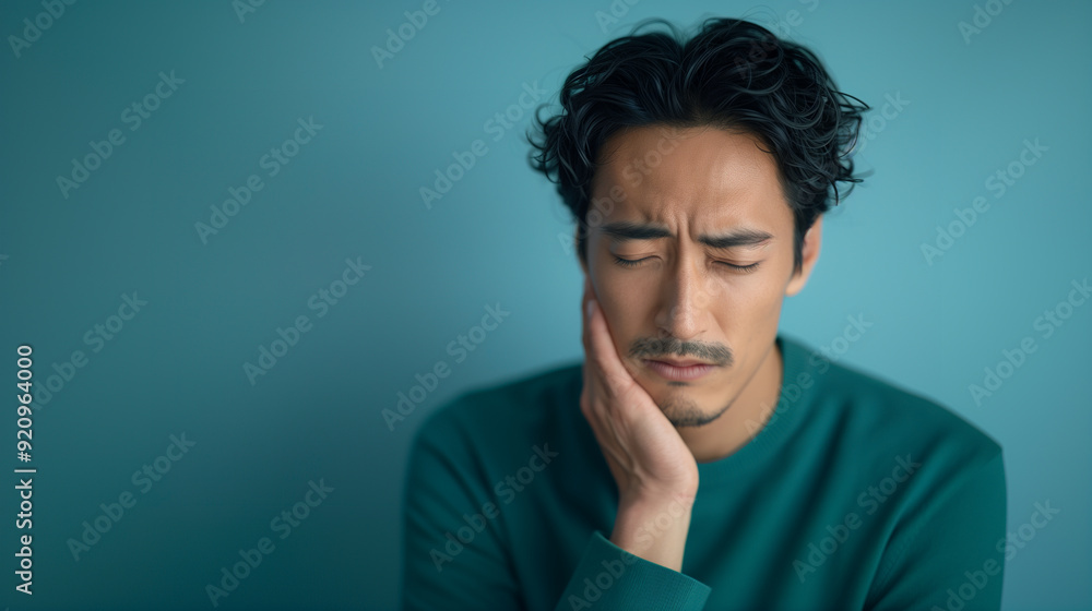 A young Asian man with a pained expression and have a toothache, holding his jaw, with his eyes closed. He is wearing a green shirt. A young Asian man with a pained expression and have a toothache, holding his jaw, with his eyes closed. He is wearing a green shirt.