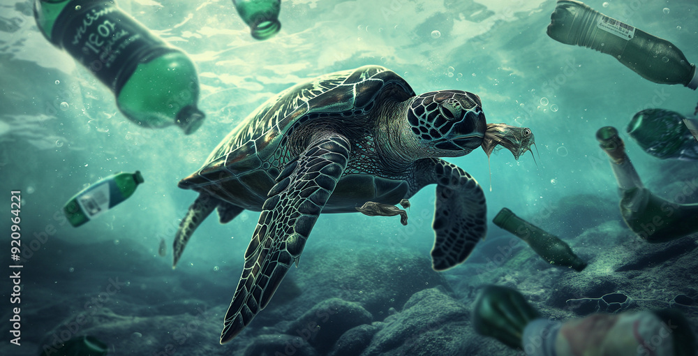 Fototapeta premium A sea turtle swimming with plastic bottles in the polluted ocean with rubbish and garbage. Sea microplastic pollution, environmental problems, global environmental changes. 