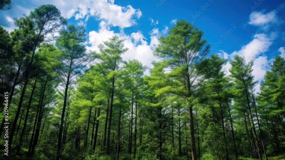 Fototapeta premium Tall, slender pine trees stand densely in a lush forest, reaching towards a bright blue sky with fluffy white clouds.