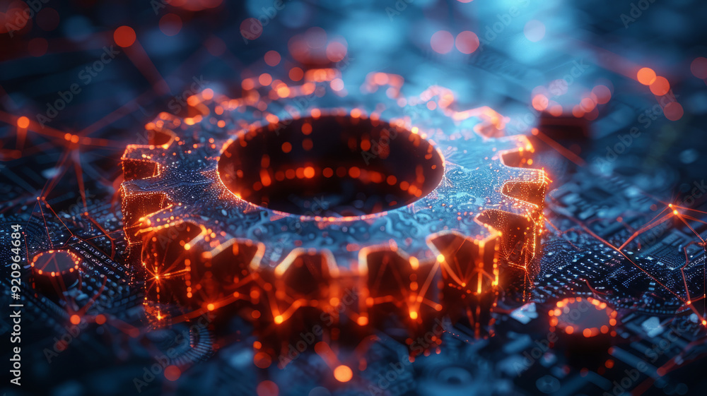 3D wireframe illustration of a gear on a dark blue background. 3D wireframe illustration of a gear on a dark blue background.