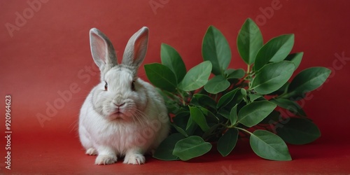 Happy Easter minimal concept Bunny rabbit ears made of natural green leaves on red and green background Flat lay. photo