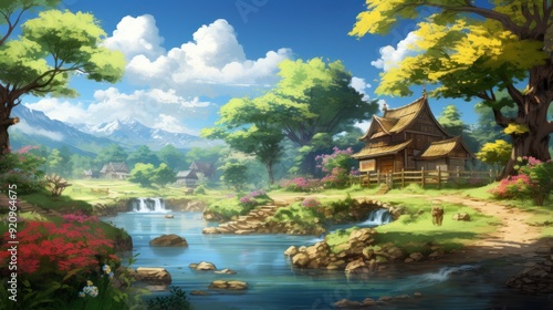 Tranquil Village Scene with River, Waterfall, and Mountains in the Background.