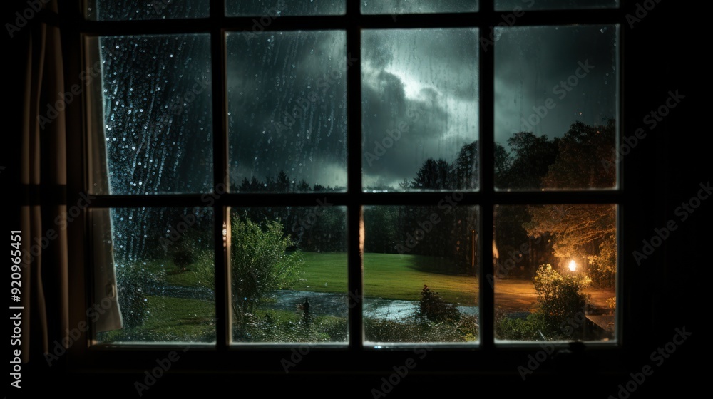 View from the window of a rainy night, showing the dark sky and raindrops. View from the window of a rainy night, showing the dark sky and raindrops.