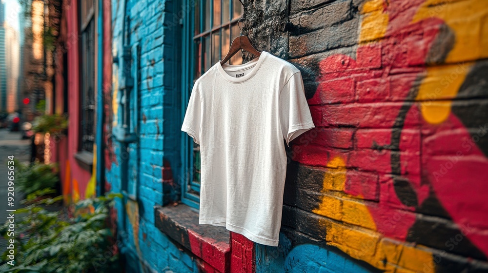 A white T-shirt hangs on a hanger against a backdrop of graffiti and a cityscape. A white T-shirt hangs on a hanger against a backdrop of graffiti and a cityscape.