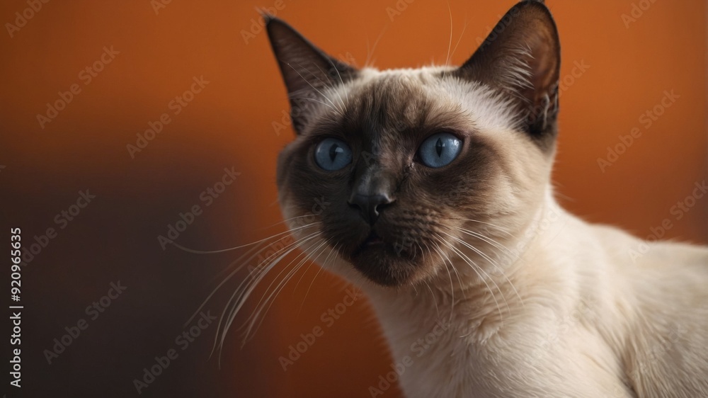 Siamese cat with an angry expression on an orange background. Siamese cat with an angry expression on an orange background.