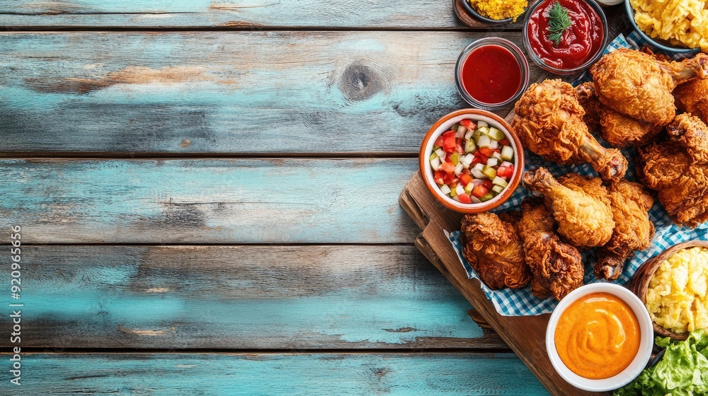 Southern-style fried chicken on a picnic table with sides and condiments. Ample copy space at the top.