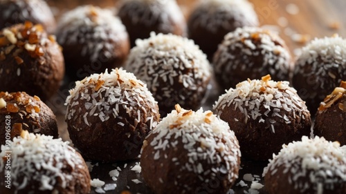 delicious rum balls with coconut topping. photo