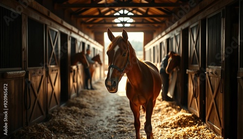 Racehorse stands alone on a horse farm with an open back gate at sunset.