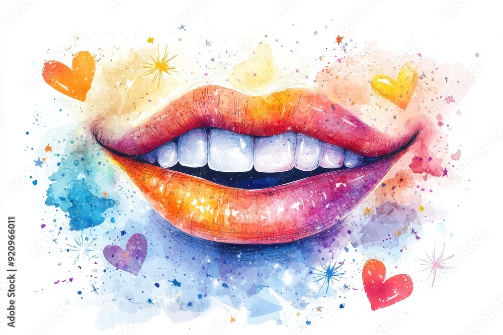 Vibrant watercolor illustration of smiling lips surrounded by colorful hearts and stars, symbolizing joy and love. Vibrant watercolor illustration of smiling lips surrounded by colorful hearts and stars, symbolizing joy and love.