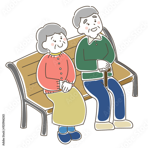 ベンチに座って上を見上げるシニア夫婦のゆるいイラスト
