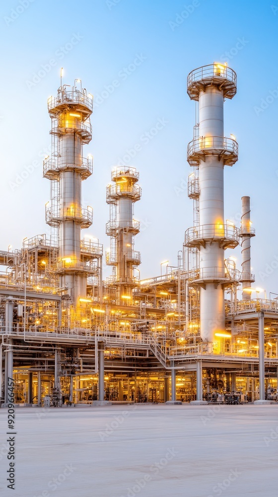 The oil refinery stands tall at dusk, with smoke billowing from chimneys and glowing lights piercing the dark, cloudy sky, reflecting industrial solitude The oil refinery stands tall at dusk, with smoke billowing from chimneys and glowing lights piercing the dark, cloudy sky, reflecting industrial solitude