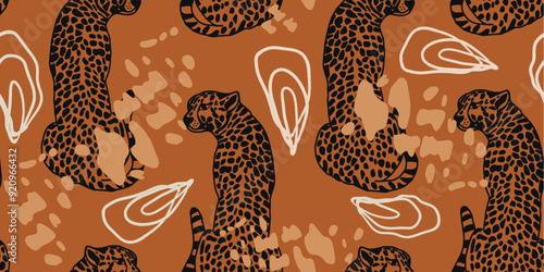 Leopard seamless pattern with tropical leaves background Vector