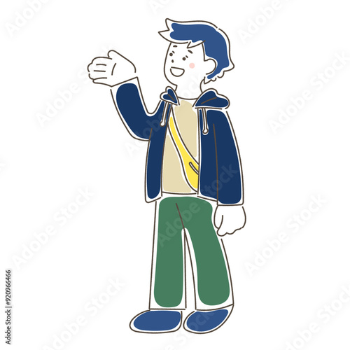 手のひらを上に向けて立つ男性のゆるいイラスト

