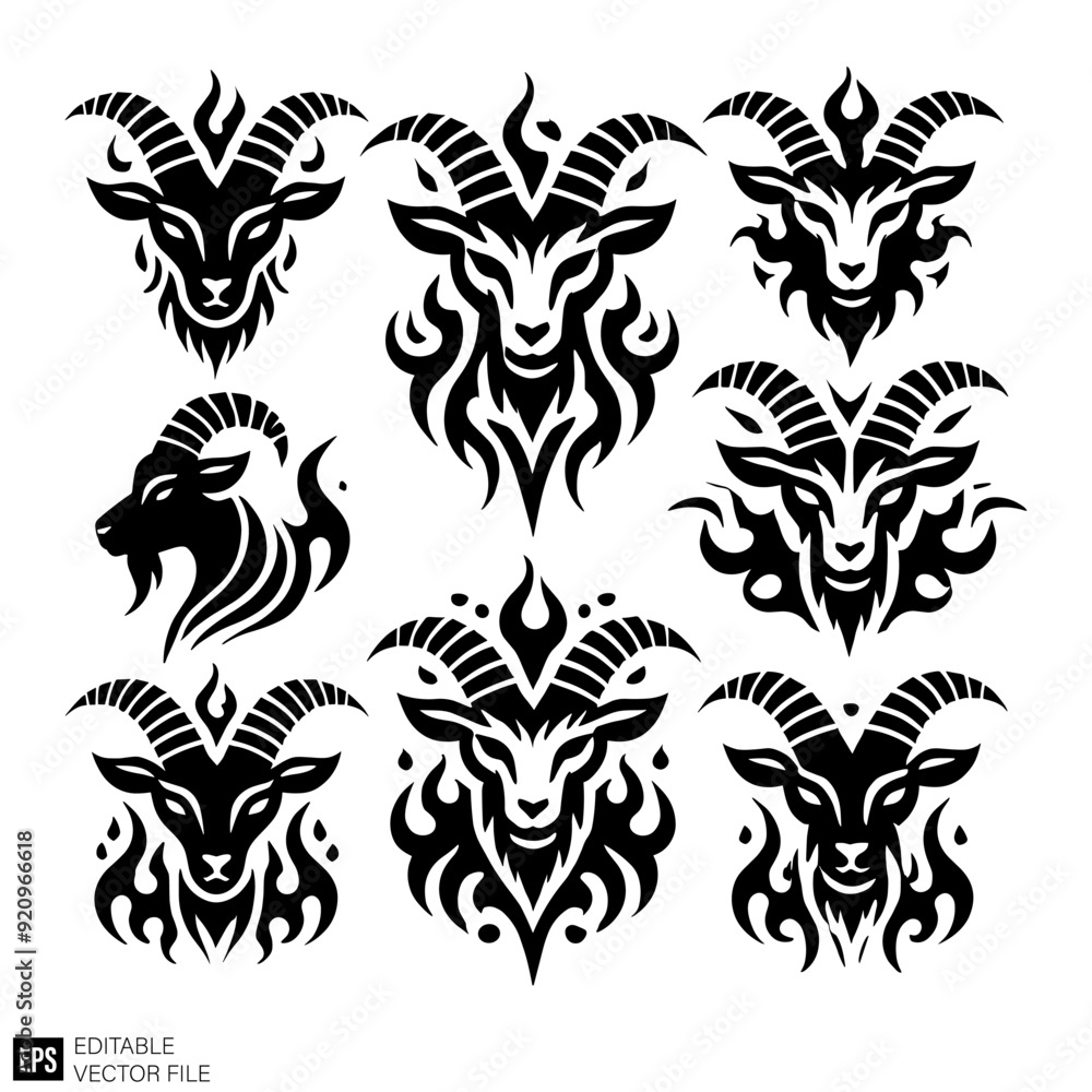 set of goat head Illustrations Clip Art Graphic Design Elements Black and White Vector Silhouette set of goat head Illustrations Clip Art Graphic Design Elements Black and White Vector Silhouette