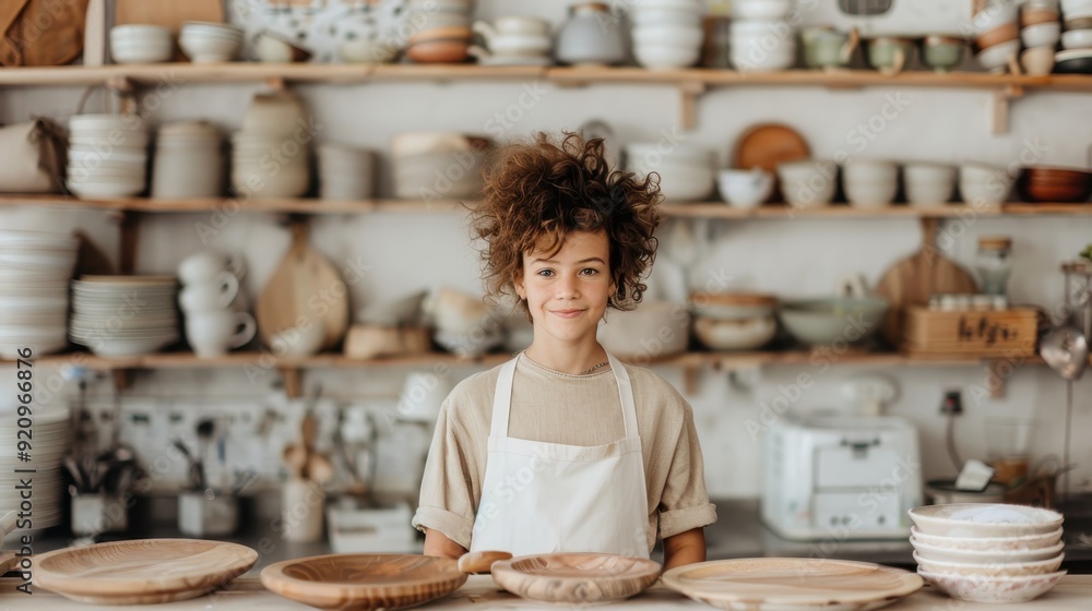 A young girl wearing an apron stands proudly in a pottery shop with handcrafted ceramic items displayed around her. She has a confident smile on her face. A young girl wearing an apron stands proudly in a pottery shop with handcrafted ceramic items displayed around her. She has a confident smile on her face.