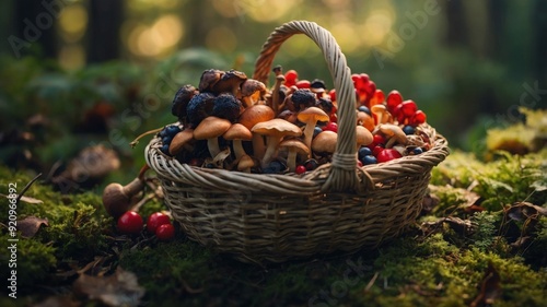 A foragers basket overflowing with vibrant mushrooms and berries ready to be incorporated into the meal. photo