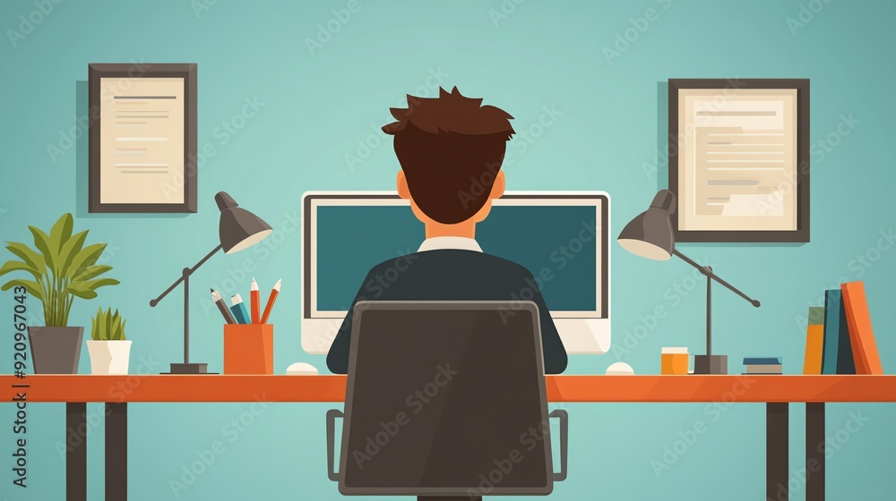 Person working at a computer in an office. Person working at a computer in an office.
