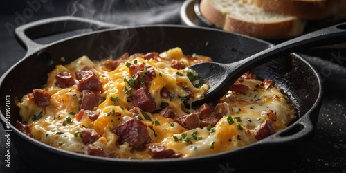 A cast iron pan holds a bubbling concoction of melted cheese and savory meats perfect for dipping freshly toasted bread into. photo