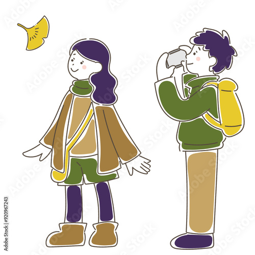 紅葉を撮影する男性と見上げる女性のゆるいイラスト
