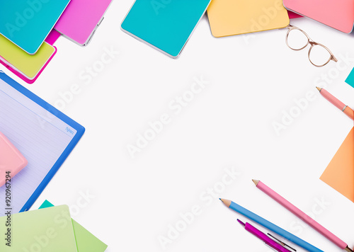 Stationery composition on white background. Back to school office work college educational institution concept.