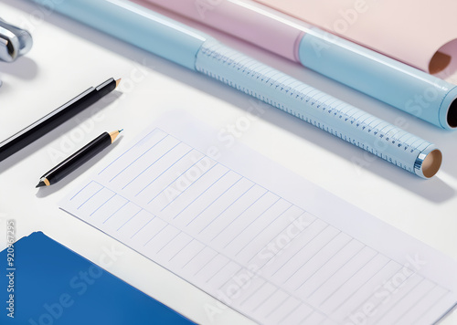 Stationery composition on white background. Back to school office work college educational institution concept.