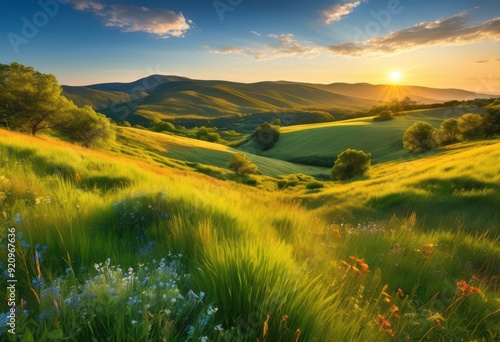 vibrant landscape displaying untouched natural splendor lush rolling clear blue skies, nature, beauty, greenery, hills, sky, trees, flowers, sunlight