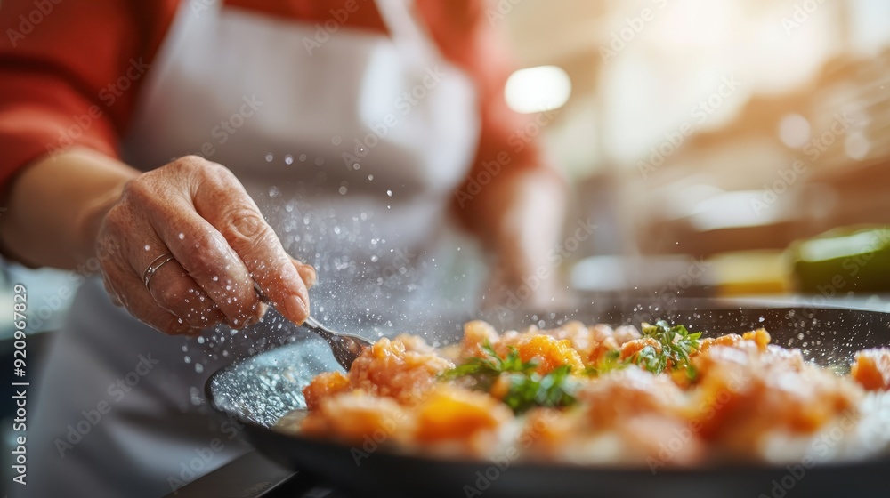 A chef in an apron is closely monitoring and adding seasoning to a dish being prepared in a kitchen, capturing the art and passion of culinary expertise in a warm setting. A chef in an apron is closely monitoring and adding seasoning to a dish being prepared in a kitchen, capturing the art and passion of culinary expertise in a warm setting.