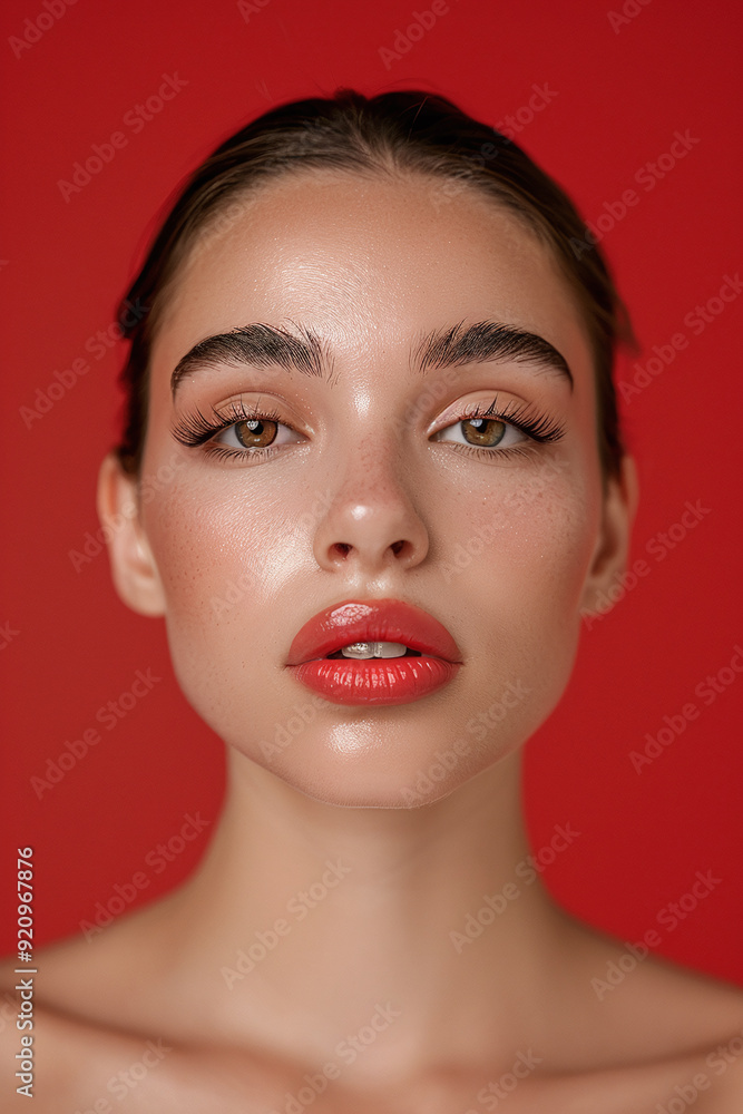 Realistic Close-Up Portrait of a Beautiful Woman with Perfect Skin, Natural Makeup, Long Eyelashes, Full Face, All Red Background Realistic Close-Up Portrait of a Beautiful Woman with Perfect Skin, Natural Makeup, Long Eyelashes, Full Face, All Red Background