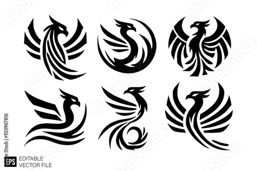 set of phoenix tribal tattoo Illustrations Clip Art  Graphic Design Elements Black and White Vector Silhouette