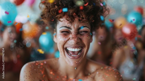 A woman with curly hair is laughing joyfully in a party setting, surrounded by colorful balloons and confetti. The festive scene exudes celebration and joy.