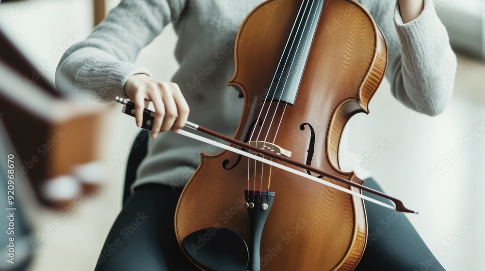 Talented, Young Female Cellist Playing Beautiful Classical Music on Cello in Sophisticated Well-Lit Studio with Elegant White Background Talented, Young Female Cellist Playing Beautiful Classical Music on Cello in Sophisticated Well-Lit Studio with Elegant White Background