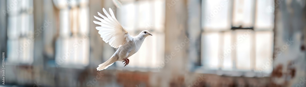 A white dove gracefully flies indoors, wings spread against blurred background of old loft windows, symbolizing peace and freedom. A white dove gracefully flies indoors, wings spread against blurred background of old loft windows, symbolizing peace and freedom.