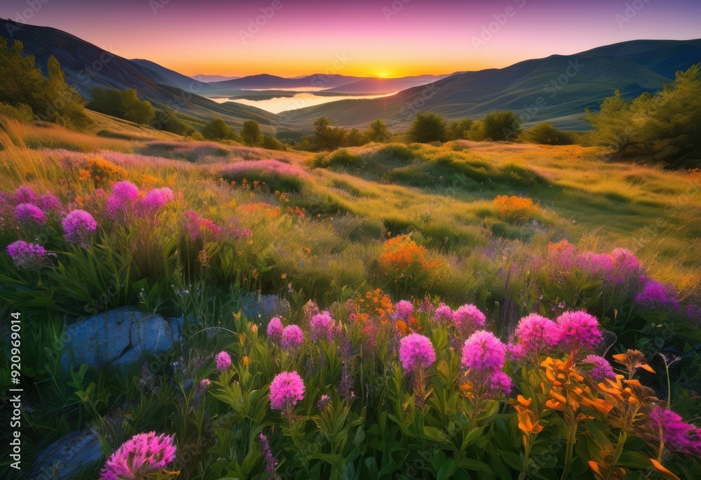 Obraz premium breathtaking landscapes untouched nature showcasing vibrant colors serenity during tranquil sunrise, scenery, view, sky, clouds, mountains, forest, valley