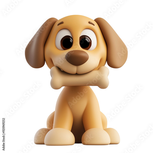 3D Cartoon Light Brown Dog with Bone in Mouth - Isolated on White Transparent Background, PNG 