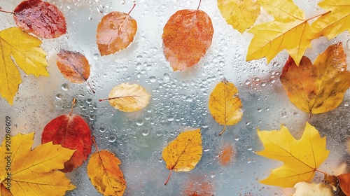 Autumn leaves on a rainy window. Yellow, red, and orange foliage. Drops of water on the glass. Seasonal background. High quality photo