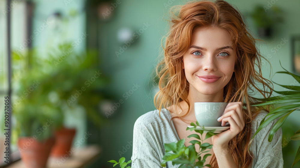 Business woman relaxing, drinking coffee at table on green background. Business woman relaxing, drinking coffee at table on green background.