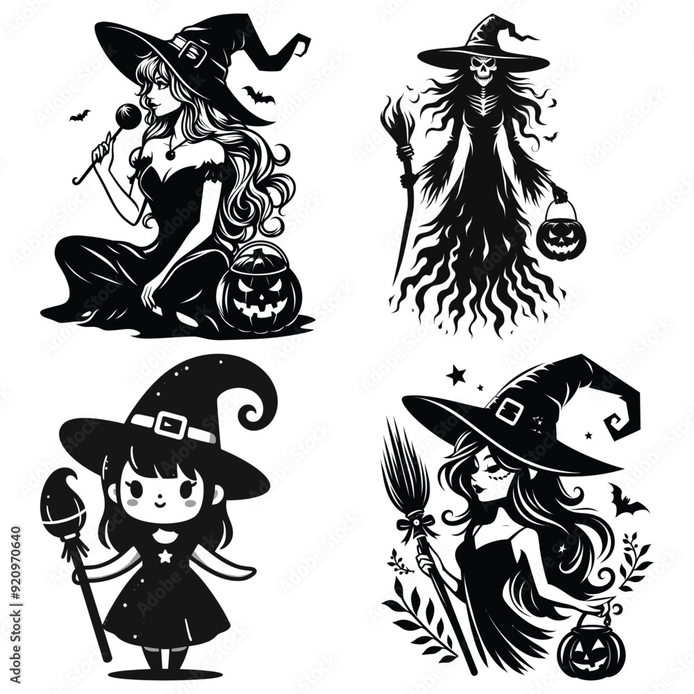 Fototapeta premium Four witches in black and white vector style with Halloween elements perfect for spooky designs