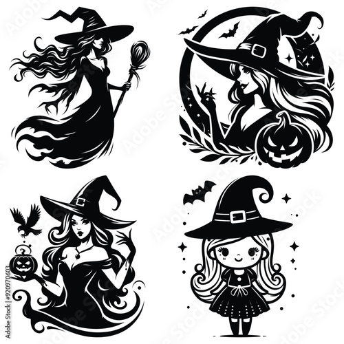 Vector silhouettes of witches in black and white with Halloween elements, perfect for spooky decorations