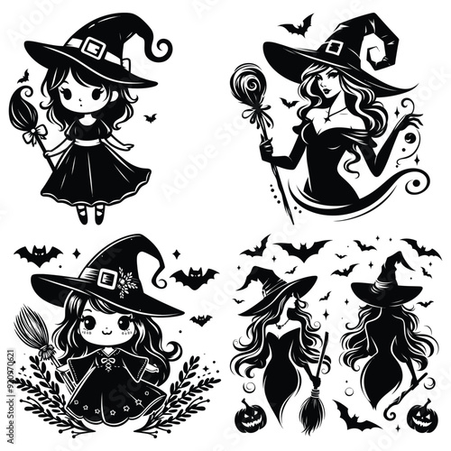 Cute witches vector illustration in black and white, Halloween design, greeting card art