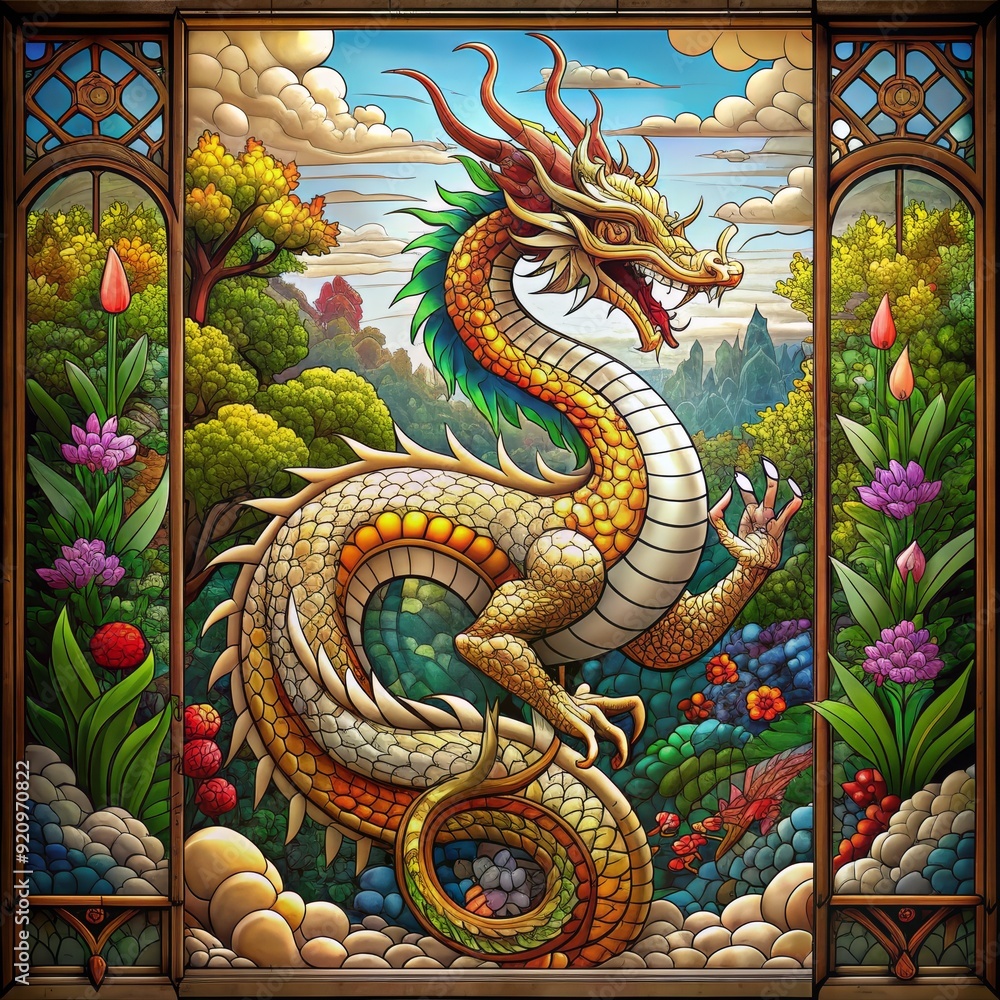 Fototapeta premium Chinese dragon statue on the wall and roof stain glass