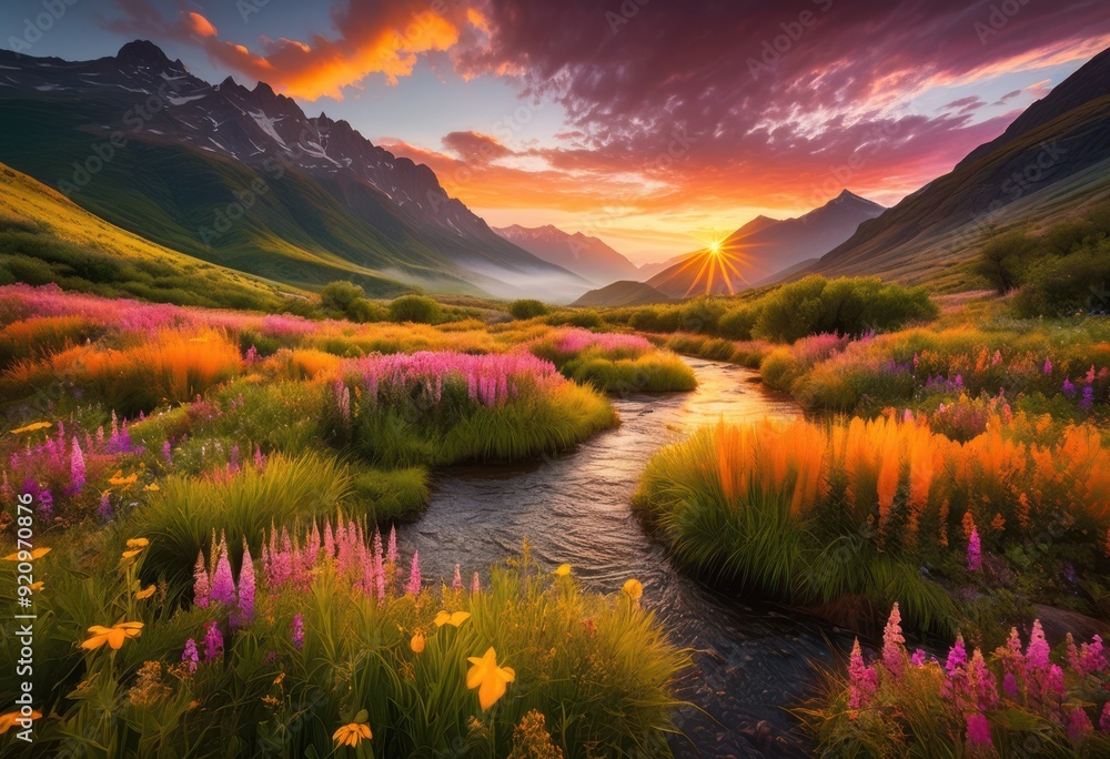 Naklejka premium stunning sunrise over breathtaking natural landscapes featuring lush greenery vibrant colors, adventure, ambiance, backdrop, biodiversity, bright, charm